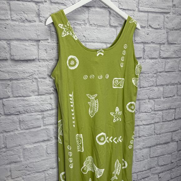 VTG Kisses & Hugs Sleeveless Midi Dress Size XL Lime Green Fish Stars Painted - Picture 2 of 5